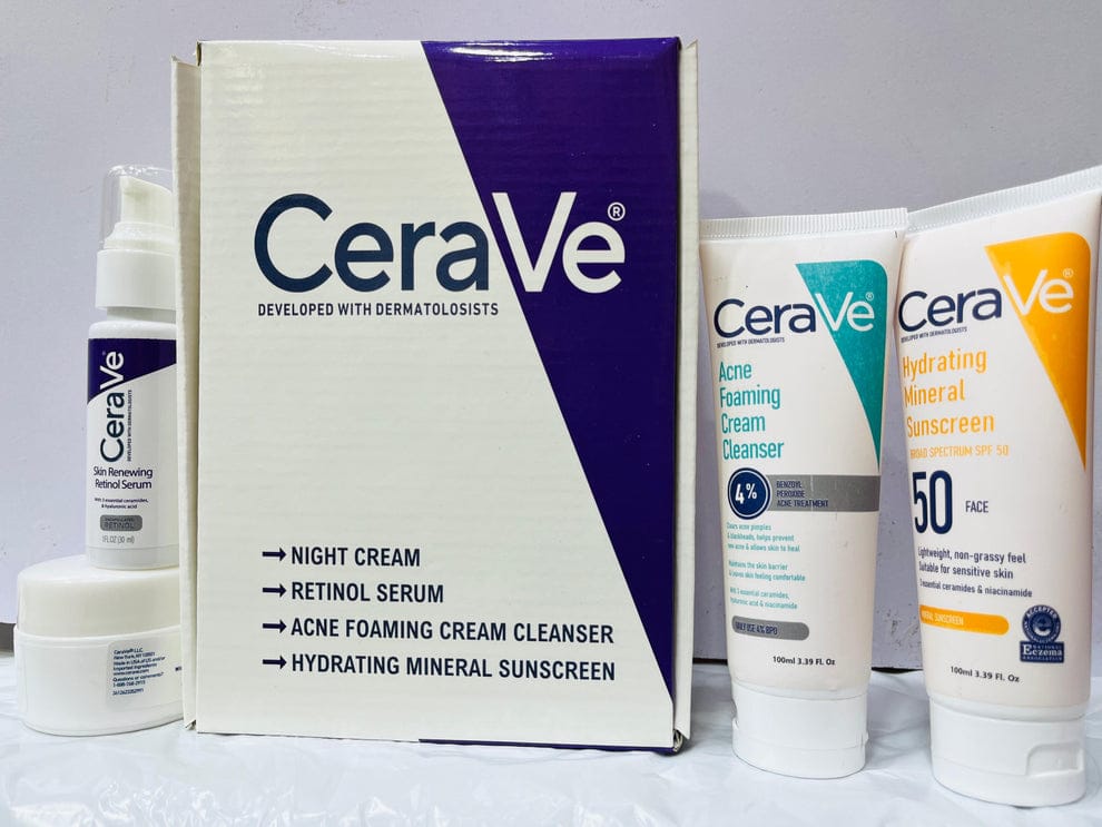 CeraVe 4-in-1 Skincare Beauty Kit – Cleanser, Retinol Serum, Night Cream & SPF Sunscreen – For All Skin Types