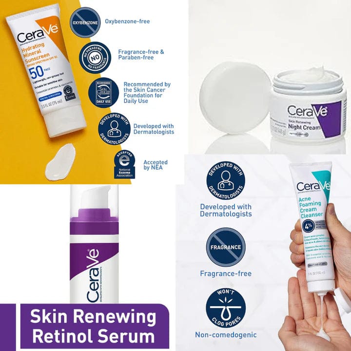 CeraVe 4-in-1 Skincare Beauty Kit – Cleanser, Retinol Serum, Night Cream & SPF Sunscreen – For All Skin Types